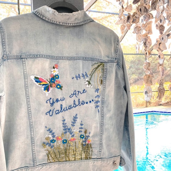 YOU ARE VALUABLE Hand Embroidered Denim Jacket - Picture 4 of 5